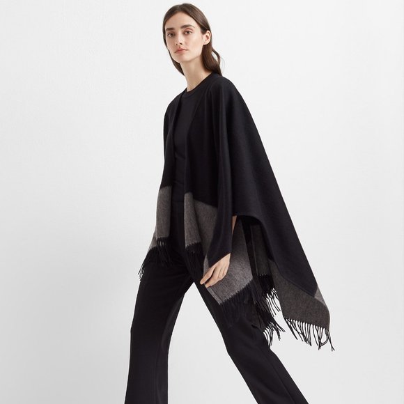 NWT Club Monaco Colorblock Fringed Poncho 100% Black Gray Wool Relaxed Wrap - Picture 2 of 2